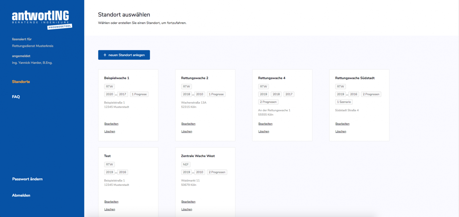 Standortübersicht im Prognosetool