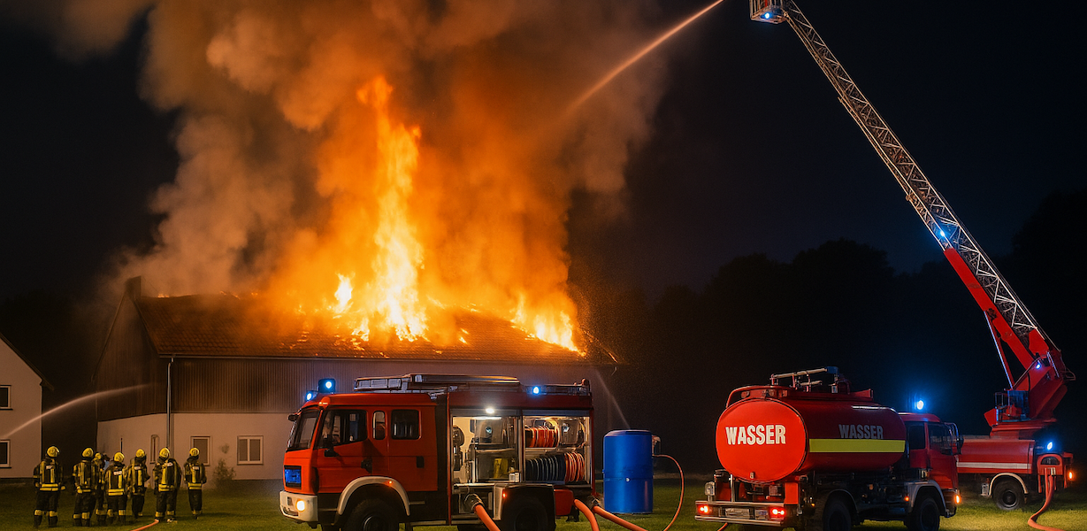 Feuerwehr löscht nächtlichen Großbrand in einem brennenden Bauernhof mit Drehleiter und Tanklöschfahrzeugen.