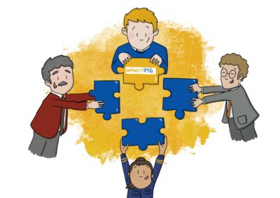Karikatur von vier Personen, die blaue Puzzleteile zusammenfügen, wobei eine Person oben ein Teil mit der Aufschrift „Authoring“ auf gelbem Hintergrund hält.