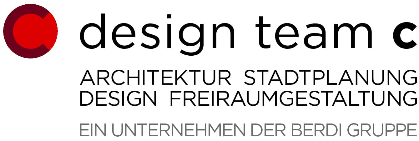 Logo für das Designteam c mit einer roten Kreisgrafik, die deutsche Wörter für Architektur, Stadtplanung, Design und Freiraumgestaltung enthält und darauf hinweist, dass es Teil der Berdi Group ist.