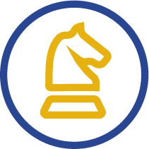 Ein gelbes Schachspringersymbol befindet sich zentriert in einem blauen Kreis auf transparentem Hintergrund.
