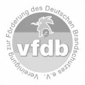 Logo der Vereinigung zur Förderung des Brandschutzes in Deutschland (vfdb) mit stilisierter Figur und Text in kreisförmiger Anordnung.