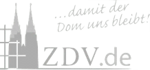 Logo mit zwei Kirchtürmen, links ein Baugerüst und dem Text „…damit der Dom uns bleibt!“ über ZDV.de.