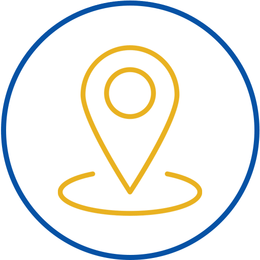 Gelbes Stecknadelsymbol mit runder Basis innerhalb eines blau umrandeten Kreises auf weißem Hintergrund.