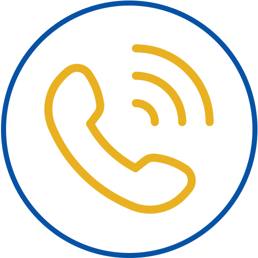 Ein gelber Telefonhörer mit Schallwellen innerhalb eines blauen Kreisrands, der einen Telefonanruf oder eine Kommunikation symbolisiert.