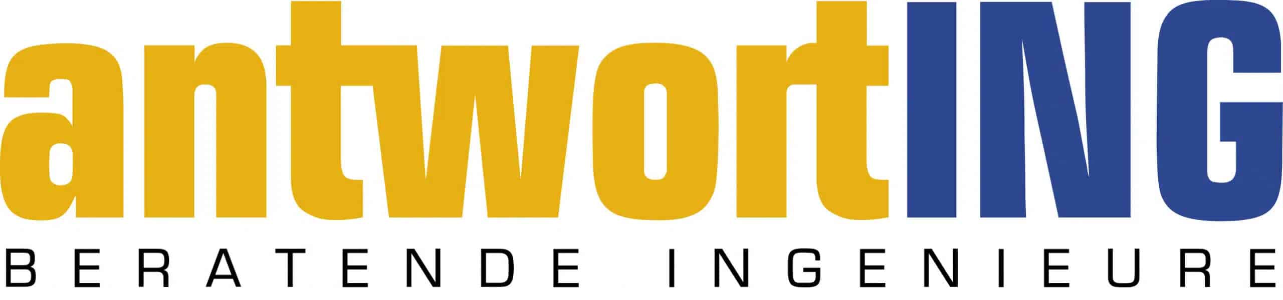 Das Logo zeigt in großen gelben und blauen Buchstaben den Schriftzug „antwortING“, darunter in kleineren schwarzen Buchstaben „BERATENDE INGENIEURE“.