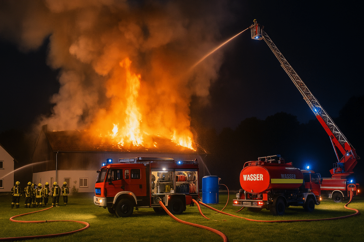 Feuerwehr löscht nächtlichen Großbrand in einem brennenden Bauernhof mit Drehleiter und Tanklöschfahrzeugen.
