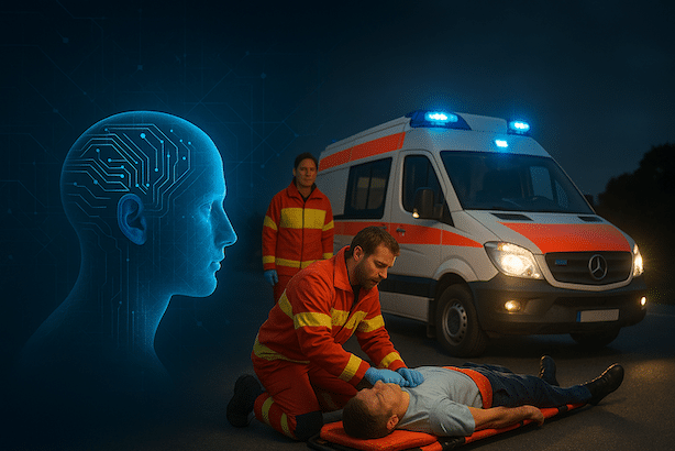 Eine fotorealistische Szene zeigt auf der rechten Seite zwei Rettungskräfte in orange-roter Einsatzkleidung, die nachts vor einem beleuchteten Rettungswagen arbeiten. Ein Notfallsanitäter kniet am Boden und versorgt einen Patienten auf einer Trage, während der zweite Sanitäter im Hintergrund steht. Links im Bild erscheint ein leuchtender, bläulich-transparenter digitaler Kopf mit Schaltkreismustern, der Künstliche Intelligenz symbolisiert. Die Komposition verbindet moderne Technologie mit akuter Notfallversorgung.