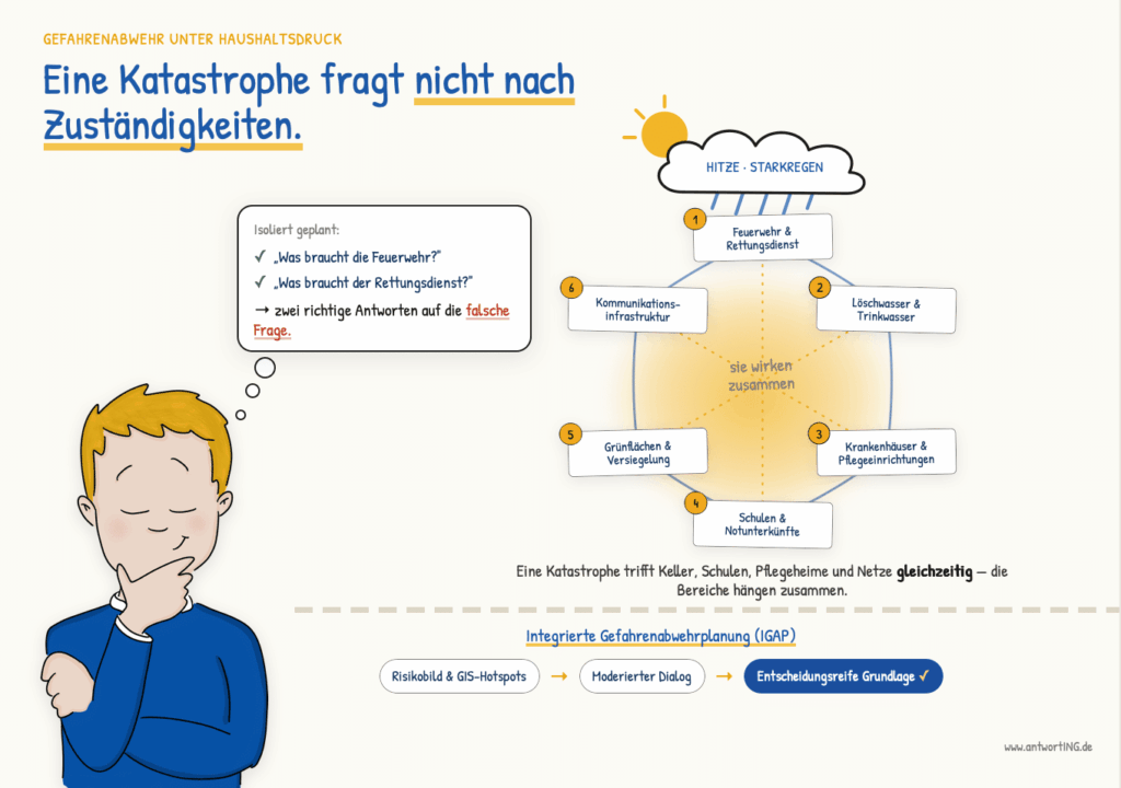 Infografik: "Gefahrenabwehr unter Haushaltsdruck" Header: Gelbe Überschrift: "GEFAHRENABWEHR UNTER HAUSHALTSDRUCK" Blaue Hauptüberschrift: "Eine Katastrophe fragt nicht nach Zuständigkeiten." Linke Seite: Eine Illustration zeigt einen nachdenklichen Mann mit gelblichem Haar in blauem Hemd. Über ihm eine Sprechblase mit dem Text: „Isoliert geplant: ✓ ‚Was braucht die Feuerwehr?' ✓ ‚Was braucht der Rettungsdienst?' → zwei richtige Antworten auf die falsche Frage." Zentrale Infografik – Kaskaden-Diagramm: Oben: Wolke mit Sonne und Blitzsymbolen – „HITZE · STARKREGEN" Darunter sechs nummerierte Bereiche, die wie Kaskaden in einem zentralen Bereich (gelblich hervorgehoben) zusammenfließen: Feuerwehr & Rettungsdienst (oben Mitte) Löschwasser & Trinkwasser (rechts oben) Krankenhäuser & Pflegeeinrichtungen (rechts unten) Schulen & Notunterkünfte (unten Mitte) Grünflächen & Versiegelung (links unten) Kommunikationsinfrastruktur (links oben) In der Mitte heißt es: „sie wirken zusammen" Fazit (Fettdruck): „Eine Katastrophe trifft Keller, Schulen, Pflegeheime und Netze gleichzeitig – die Bereiche hängen zusammen." Unterer Bereich – Methodischer Prozess: Integrierte Gefahrenabwehrplanung (IGAP) Prozessfluss (Pfeile verbinden): Risikobild & GIS-Hotspots → Moderierter Dialog → Entscheidungsreife Grundlage ✓ Fußzeile: www.antworting.de